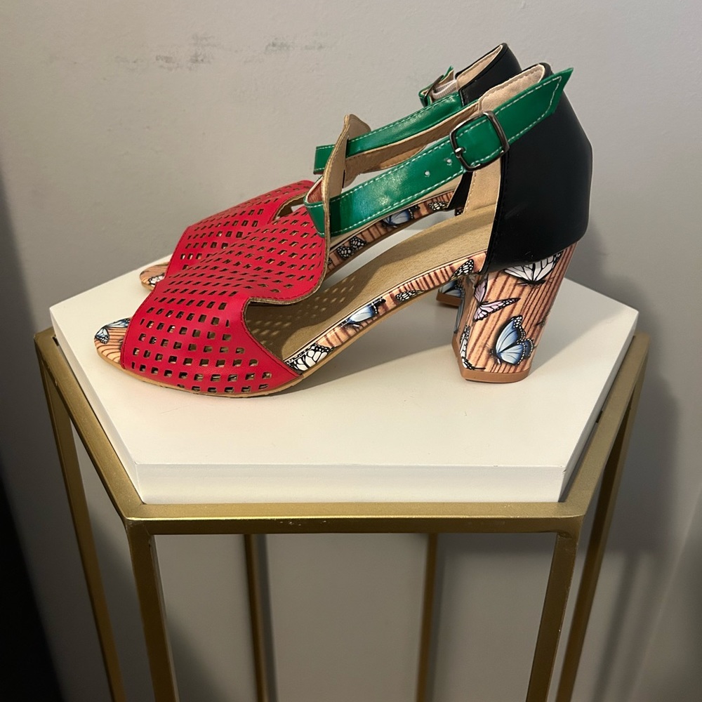 New Red & Black Color Block Sandals with Butterfly Block Heel